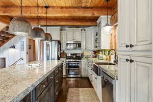 Dual tone kitchen featuring glass fronted cabinets, stainless steel appliances, two tone color scheme, dark wood-style floors, and decorative light fixtures