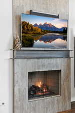 Detailed view of a lit fireplace