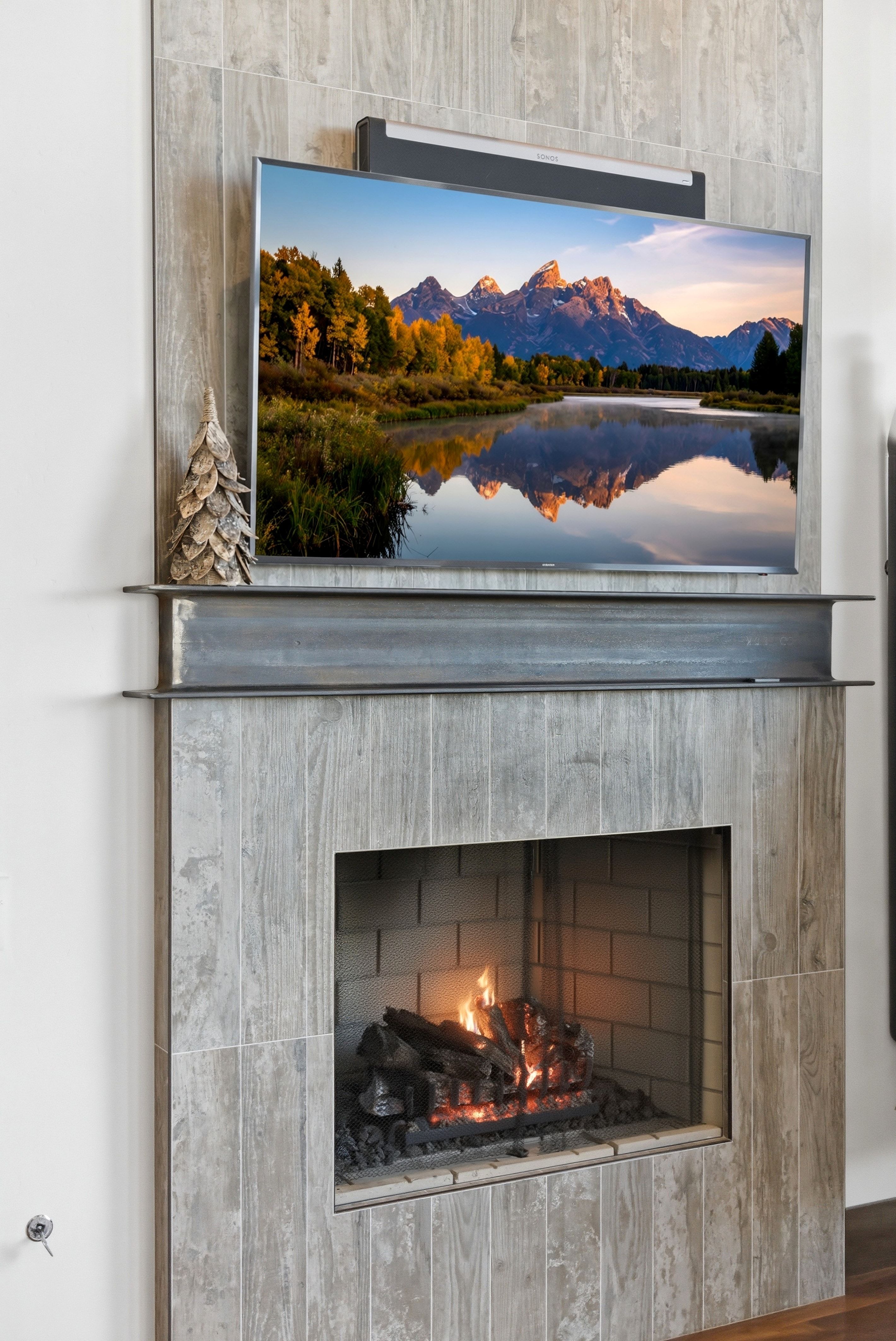 Detailed view of a lit fireplace