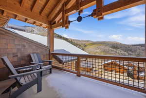 View of patio / terrace featuring a mountain view