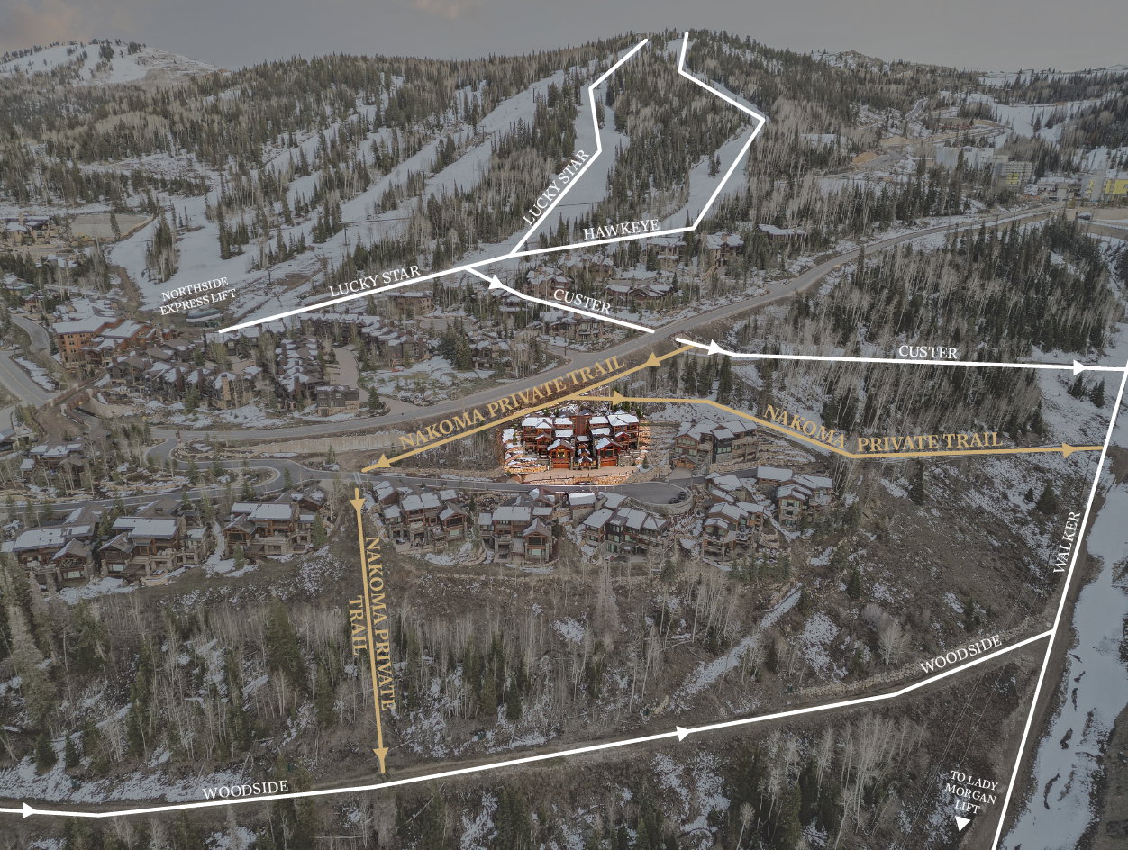 Snowy aerial view featuring property parcel outlined and a mountain view