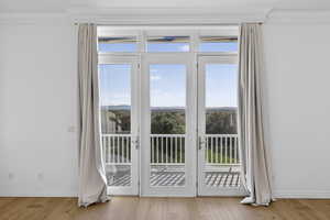 Doorway to outside featuring ornamental molding, plenty of natural light, and hardwood / wood-style floors