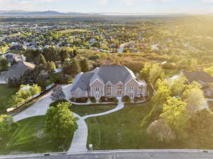 Aerial view of residential area with a mountain backdrop