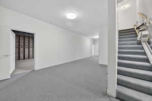 Basement featuring stairway and carpet