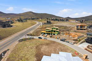 Aerial perspective of suburban area featuring a mountainous background