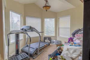 Workout area featuring lofted ceiling and carpet