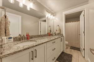 Full basement bathroom featuring double vanity and shower
