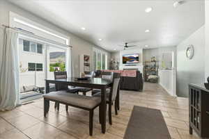 Dining space featuring recessed lighting and a ceiling fan