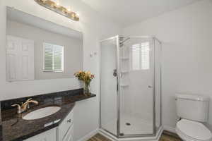 Bathroom with vanity, a stall shower, plenty of natural light, and light wood-style flooring