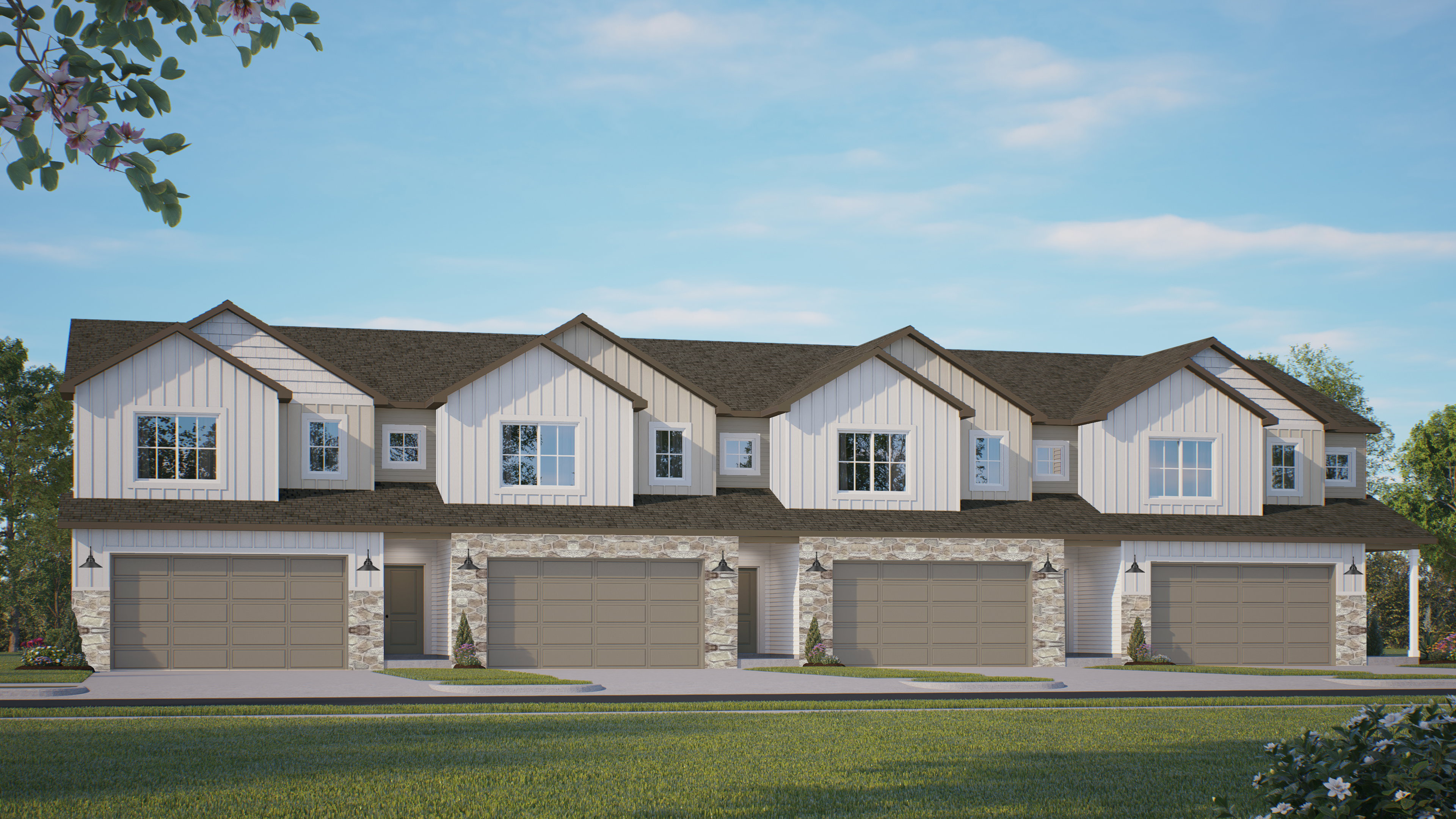 View of front of house featuring roof with shingles, an attached garage, stone siding, and a front lawn