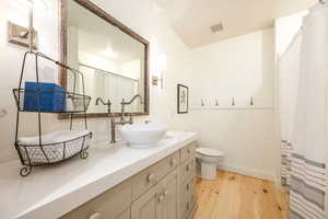 Bathroom featuring vanity, light wood-type flooring, and curtained shower