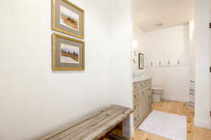 Bathroom with vanity and light wood-type flooring