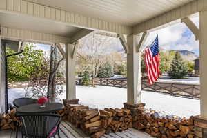 Porch featuring a mountain view