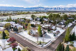 Aerial view of residential area featuring a mountainous background