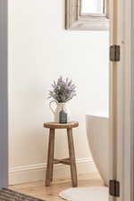 Detailed view of baseboards and wood finished floors