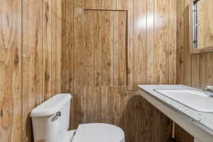 Half bathroom with vanity and wooden walls