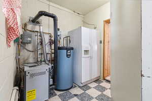 Utility room featuring a heating unit and water heater
