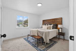 Bedroom featuring light colored carpet