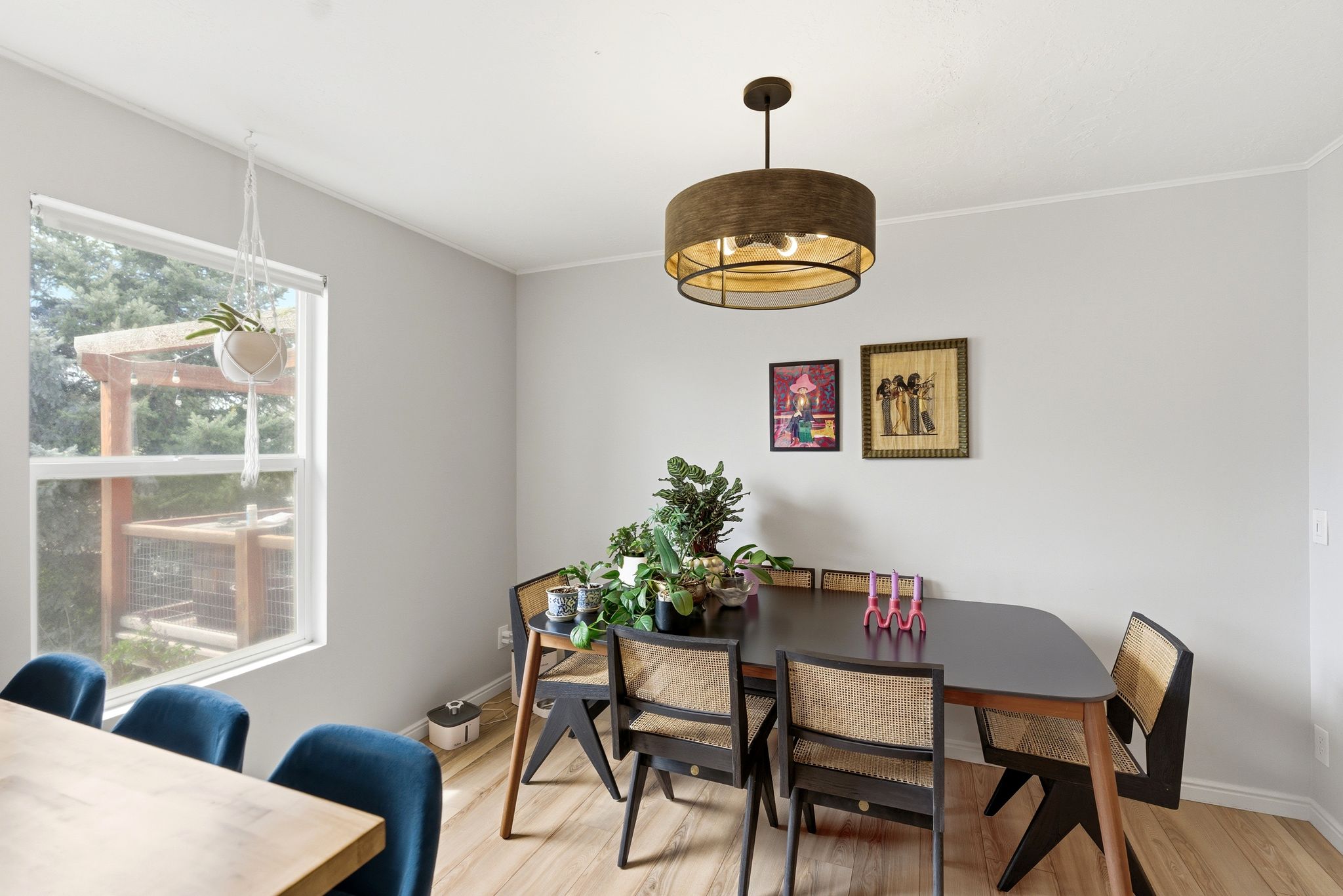 Dining space with light wood-style floors