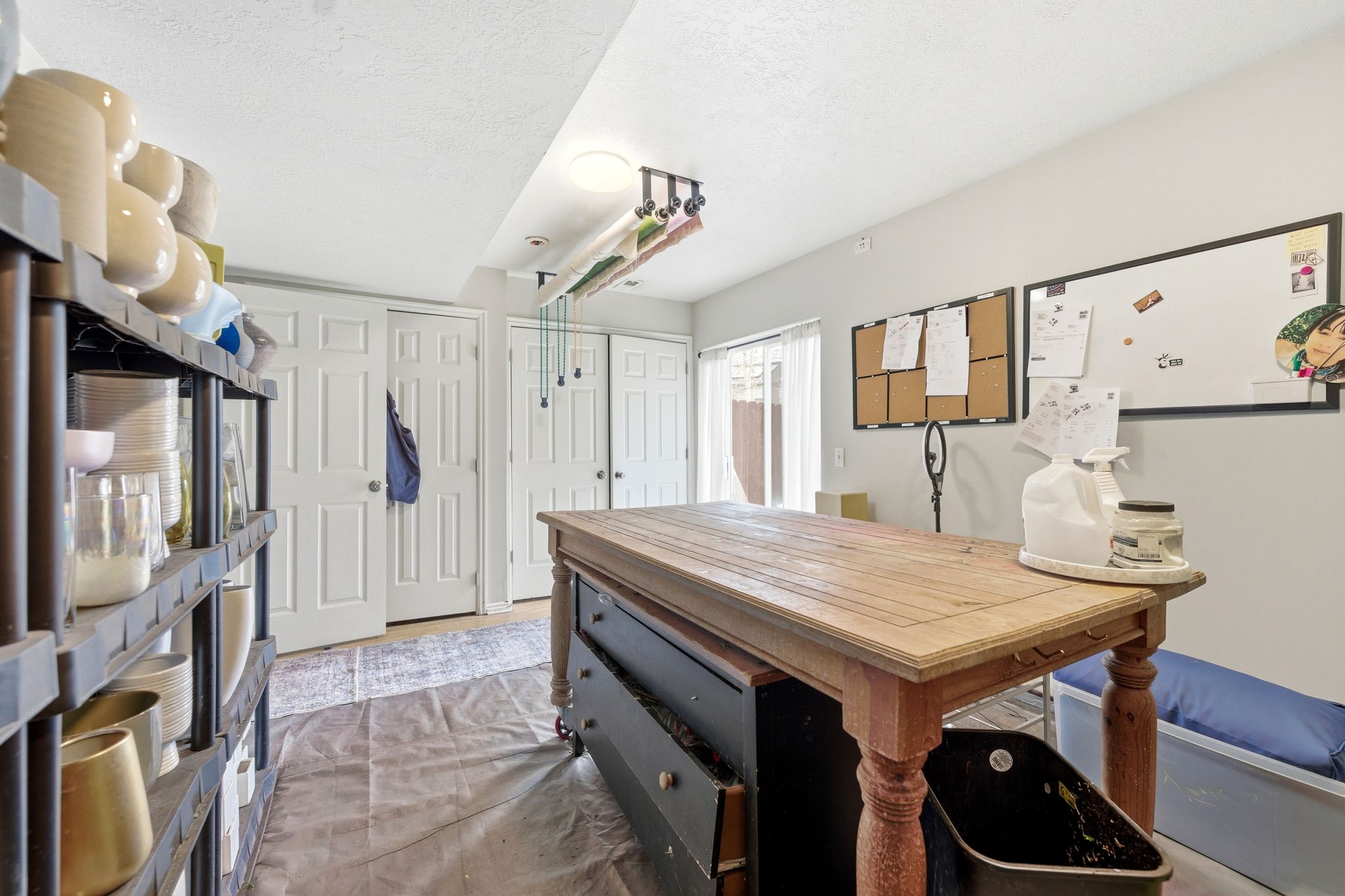 Home office with a textured ceiling