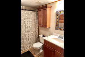 Full bathroom featuring vanity and a shower with shower curtain