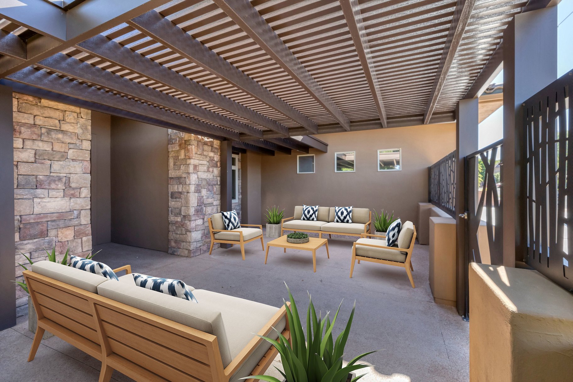 View of patio featuring outdoor lounge area and a pergola