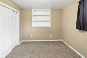 Bedroom with carpet floors, a textured ceiling, and a closet
