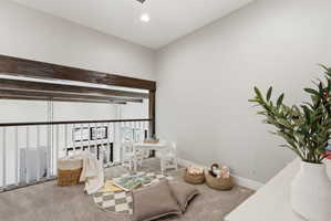Sitting room featuring carpet, a high ceiling, and recessed lighting