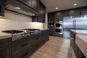 Kitchen with exhaust hood, stainless steel appliances, light wood-style floors, dark wood finish cabinets, and recessed lighting