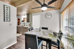 Dining area featuring wood ceiling, a ceiling fan, and dark wood finished floors