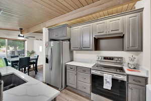 Kitchen with stainless steel appliances, gray cabinets, light wood-style floors, ceiling fan, and wood ceiling