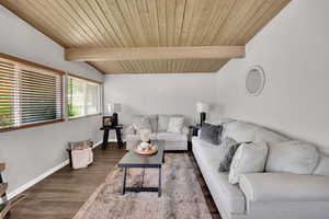 Living area featuring wooden ceiling, wood finished floors, and lofted ceiling with beams