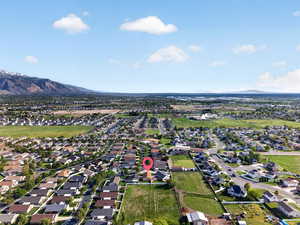 Aerial view of residential area with mountains