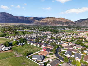Aerial view of residential area with a mountainous background