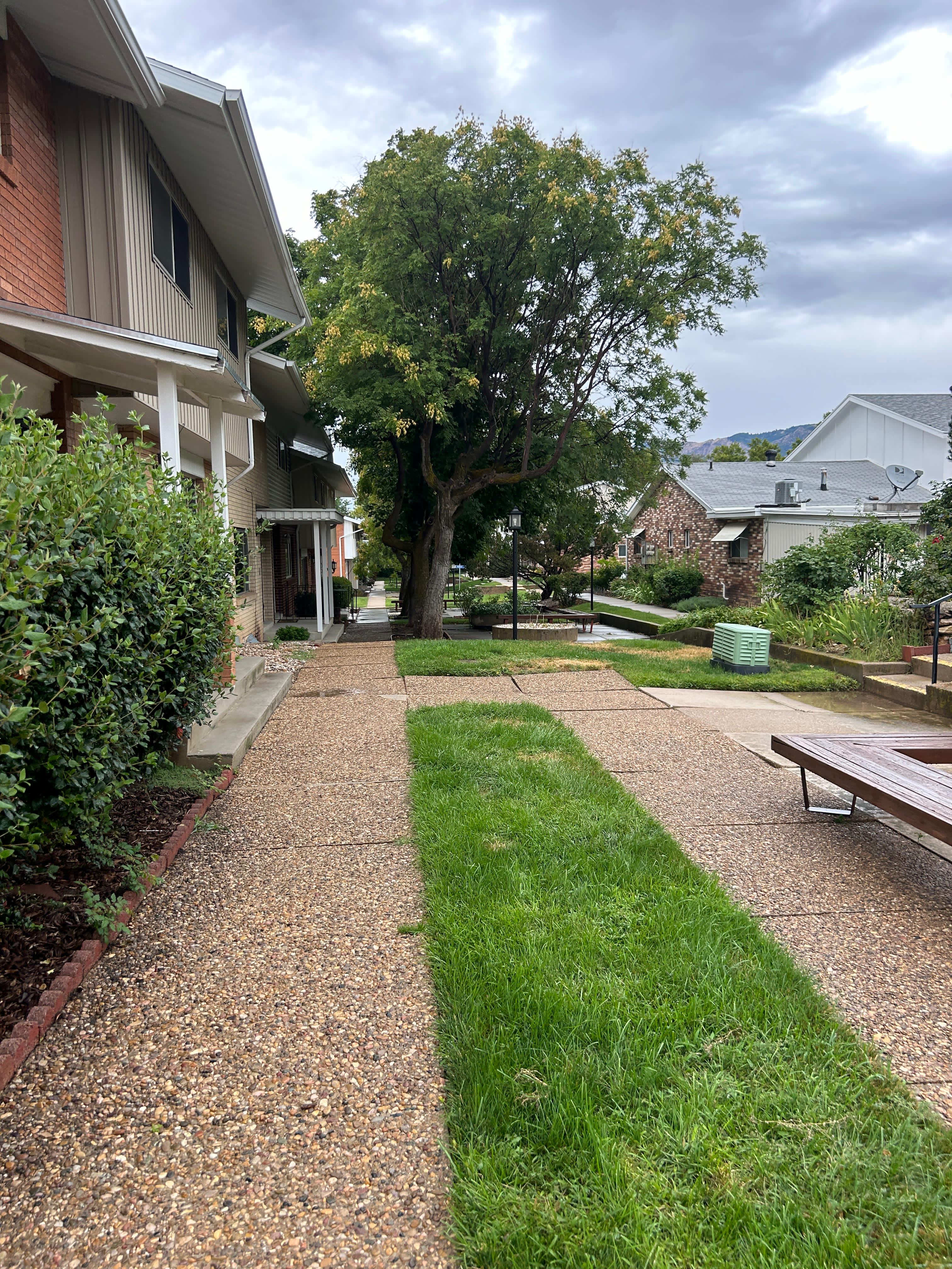 Expansive outdoor walkway featuring aggregate concrete pavers, grass strips, and established landscaping