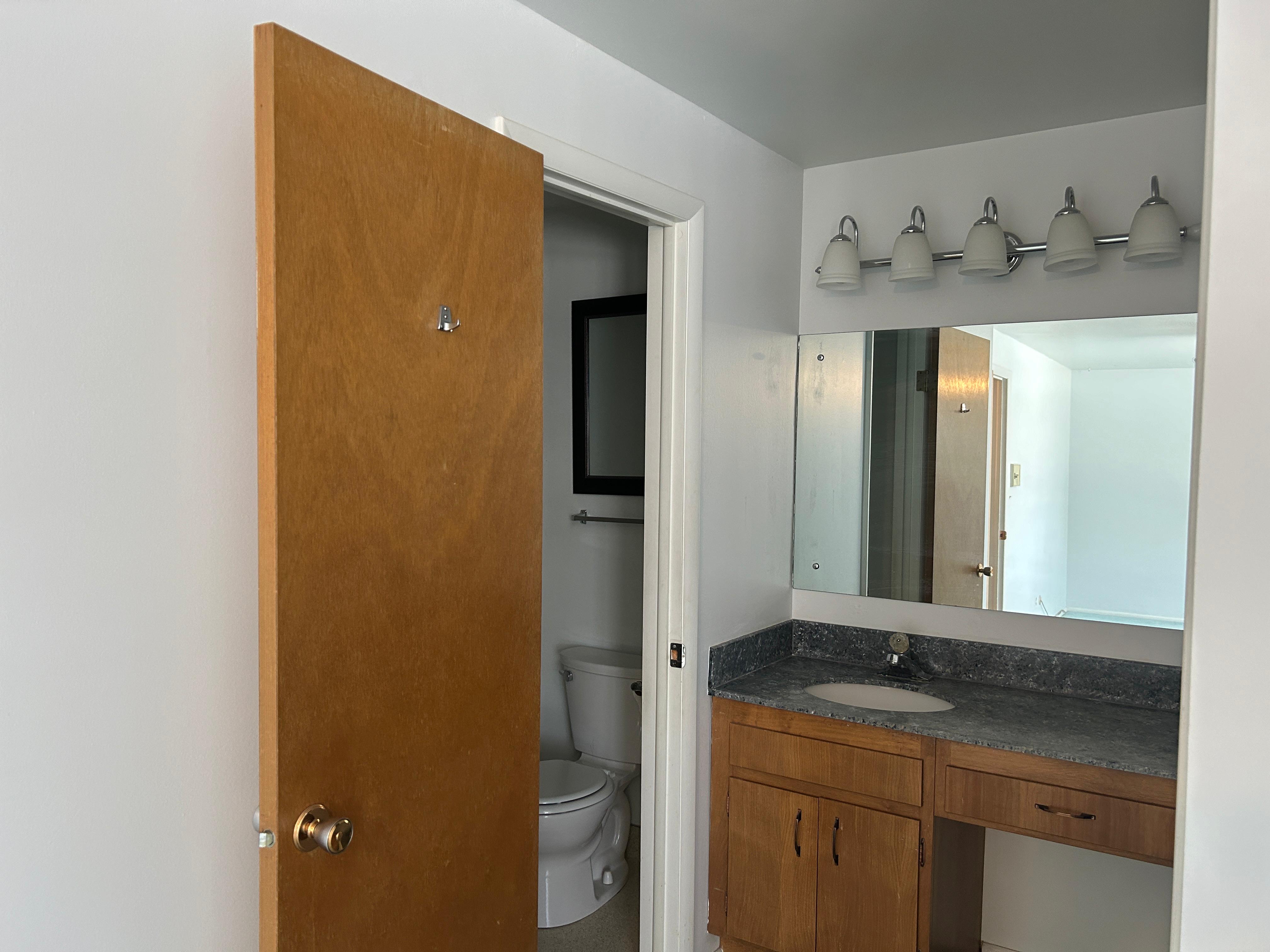 Bathroom vanity featuring wood-finish cabinetry, a white porcelain sink, and a speckled countertop
