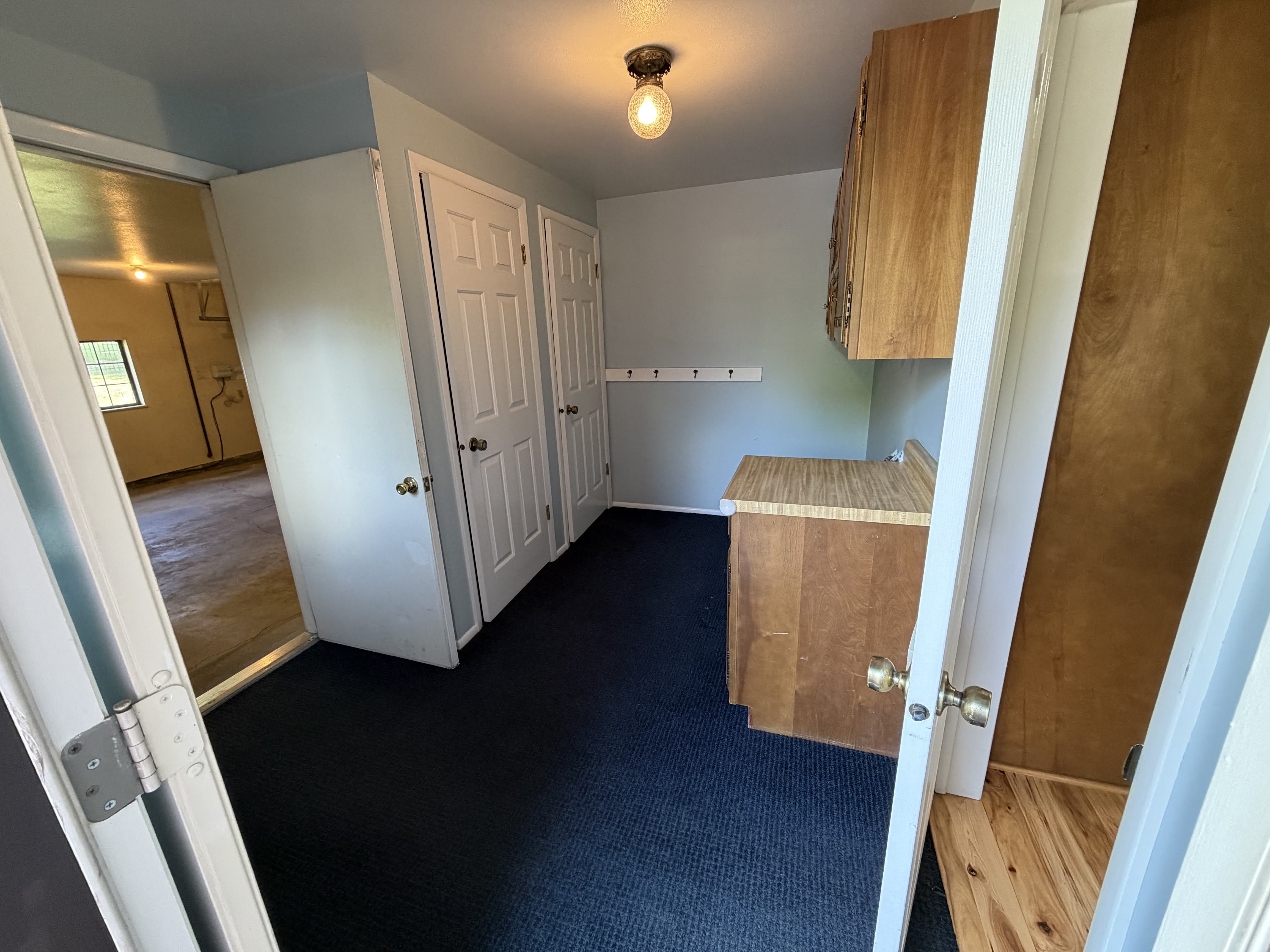 Laundry area featuring dark colored carpet and baseboards