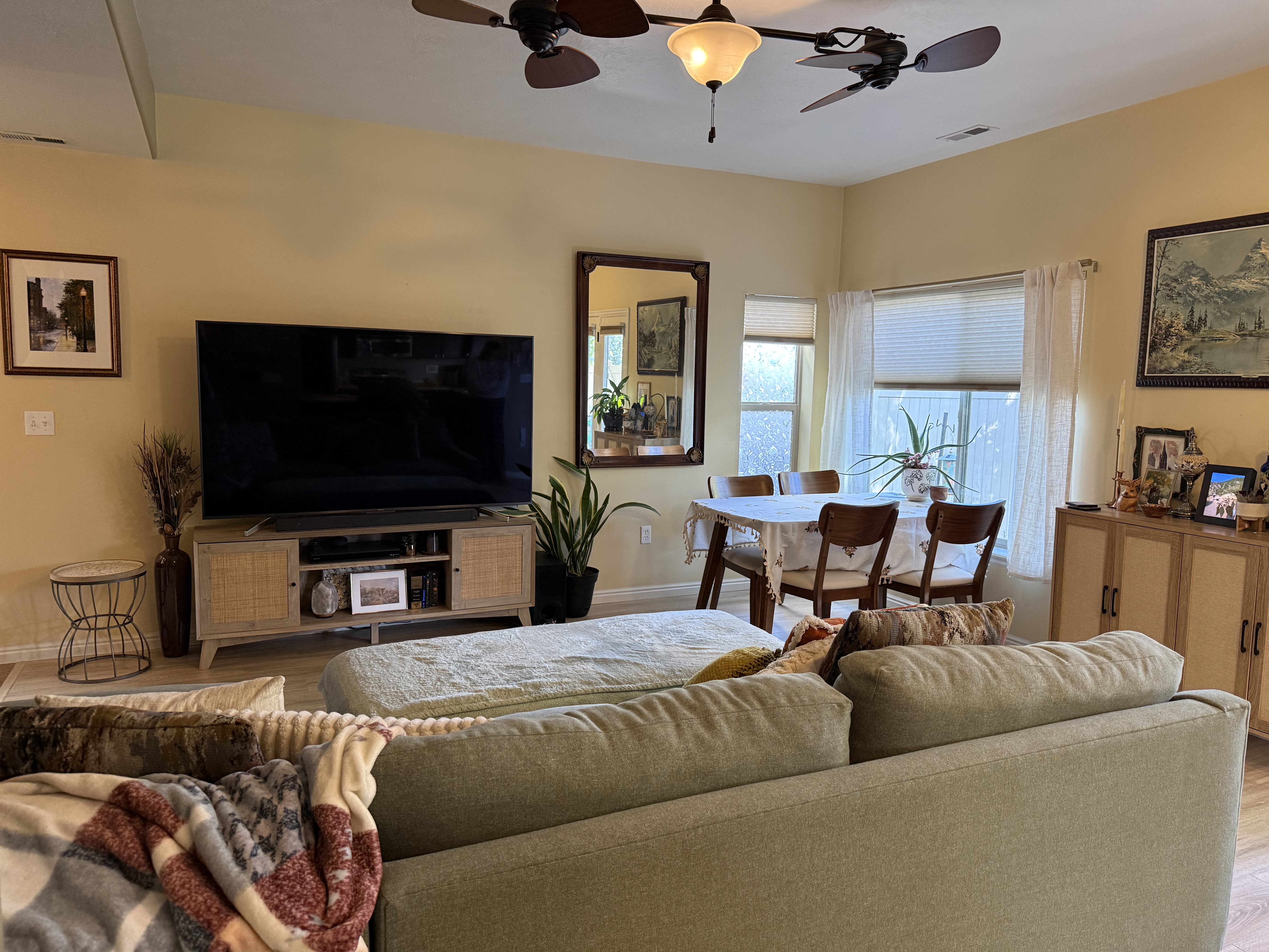 Living room featuring a ceiling fan and wood finished floors