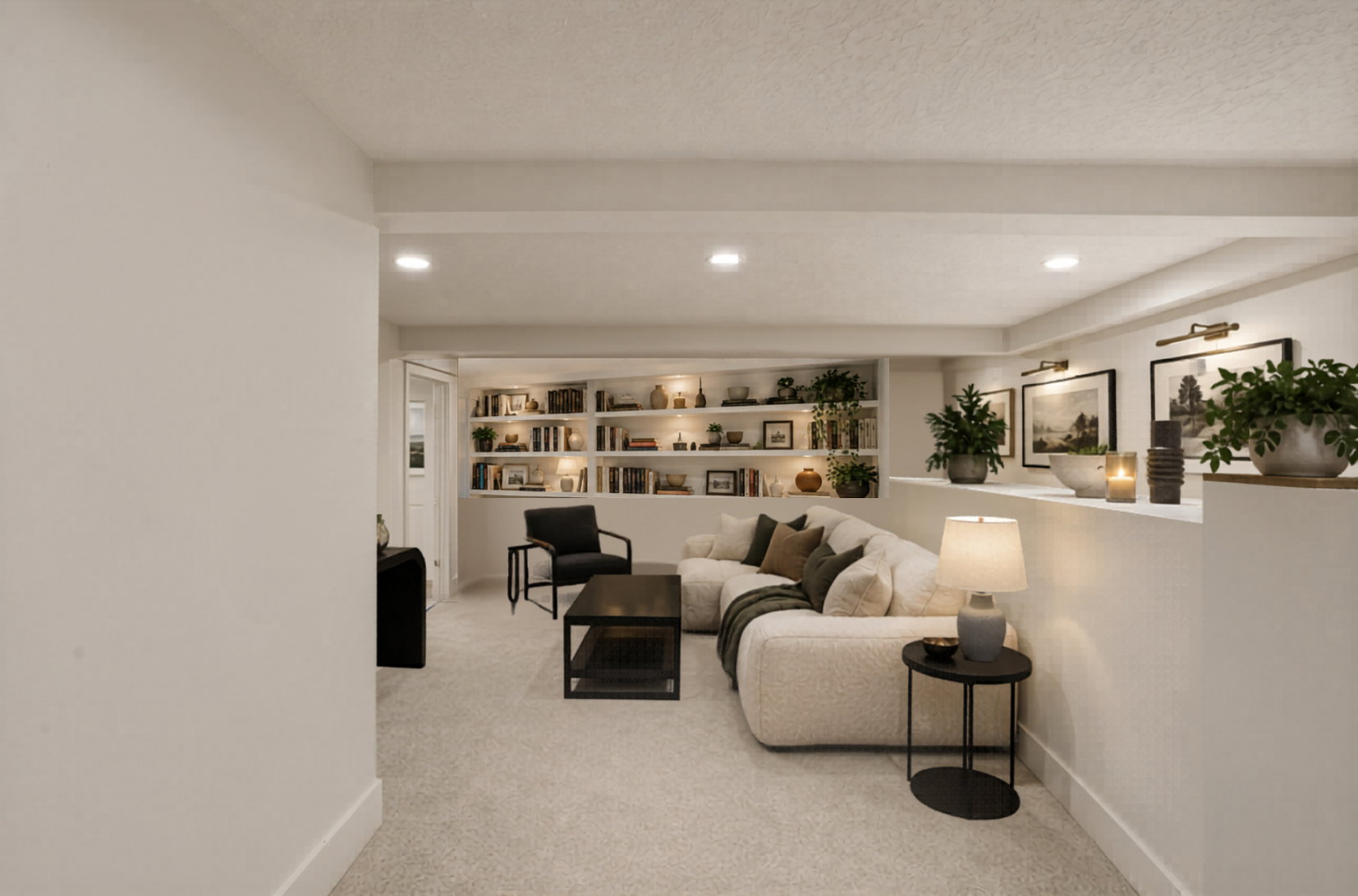 Recessed lighting illuminates a spacious living area featuring built-in shelving, sconce lighting, and light-colored carpeting