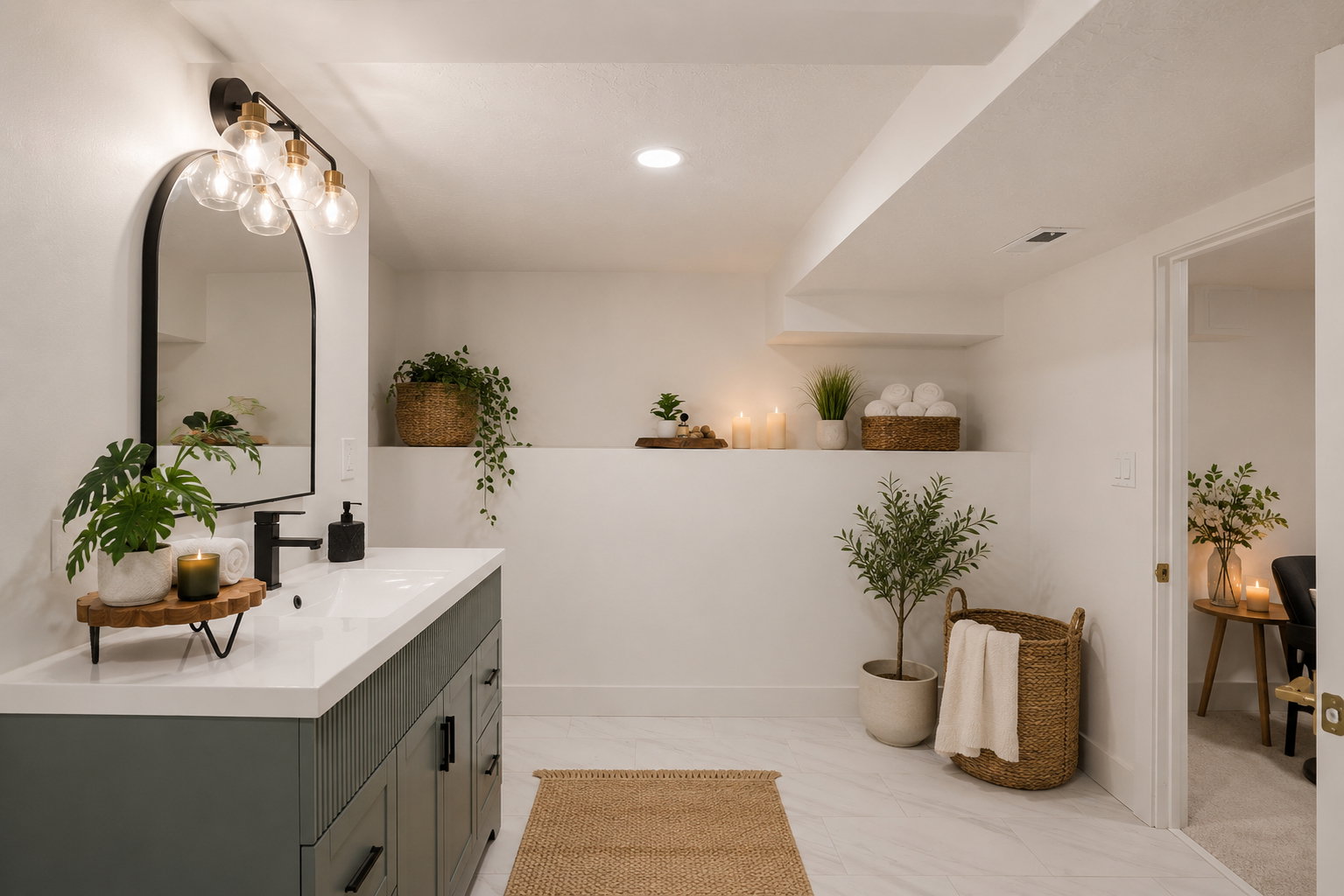 Contemporary bathroom vanity with a white countertop and fluted gray cabinetry