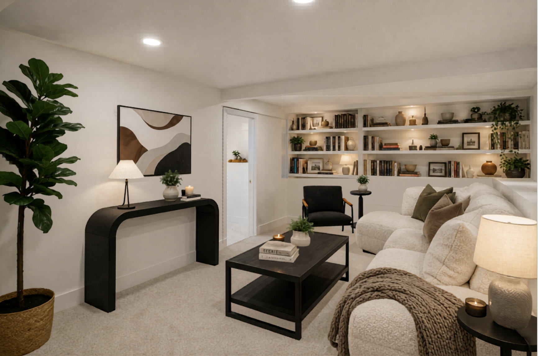 Built-in shelving with integrated lighting, recessed ceiling lighting, and light-toned wall finishes