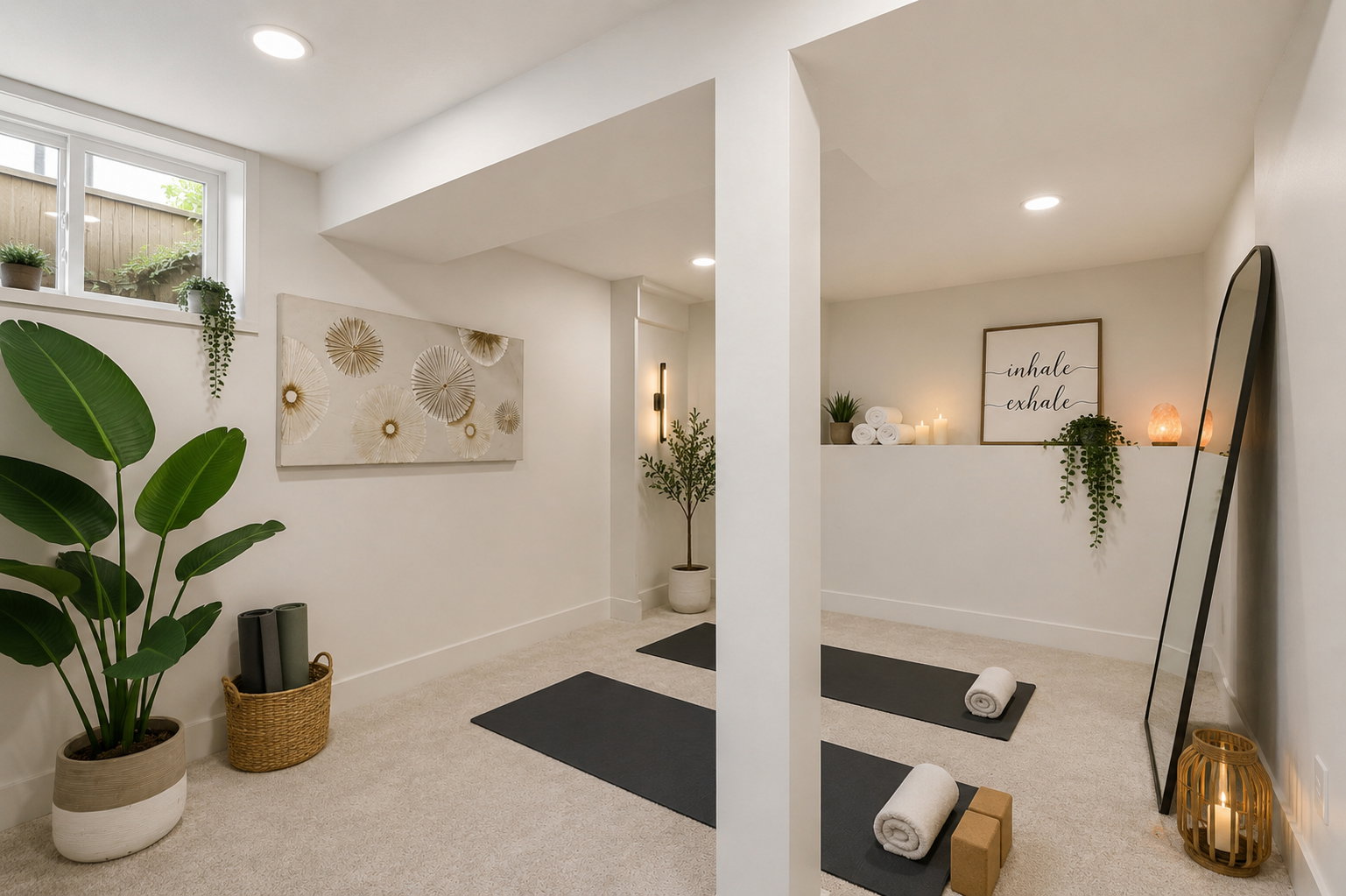 Finished lower level space featuring recessed lighting, light-colored carpeting, a window with exterior visibility, and white painted walls