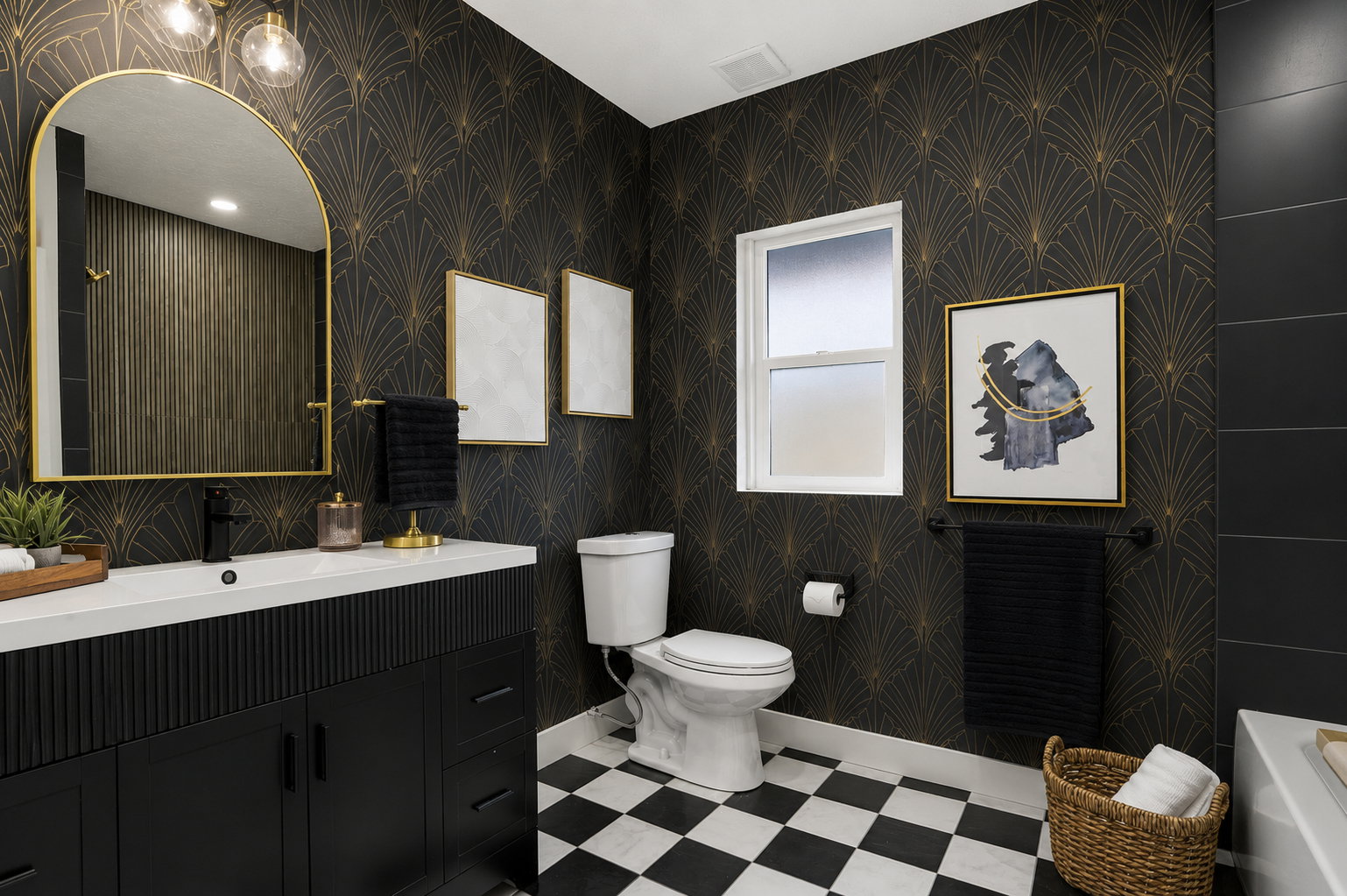 Bathroom featuring black and white checkerboard flooring