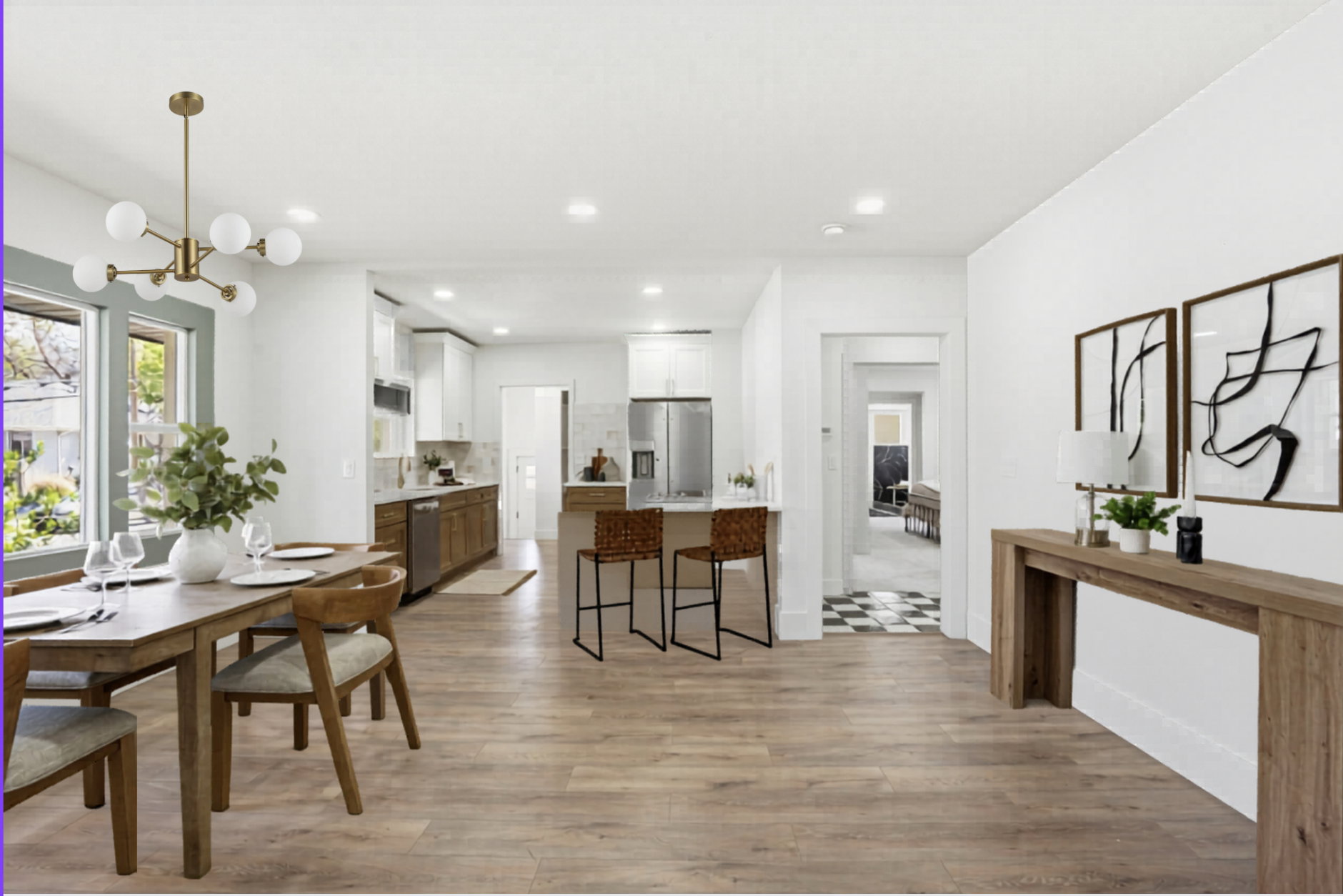 Dining space featuring light wood-style flooring and suspended lighting
