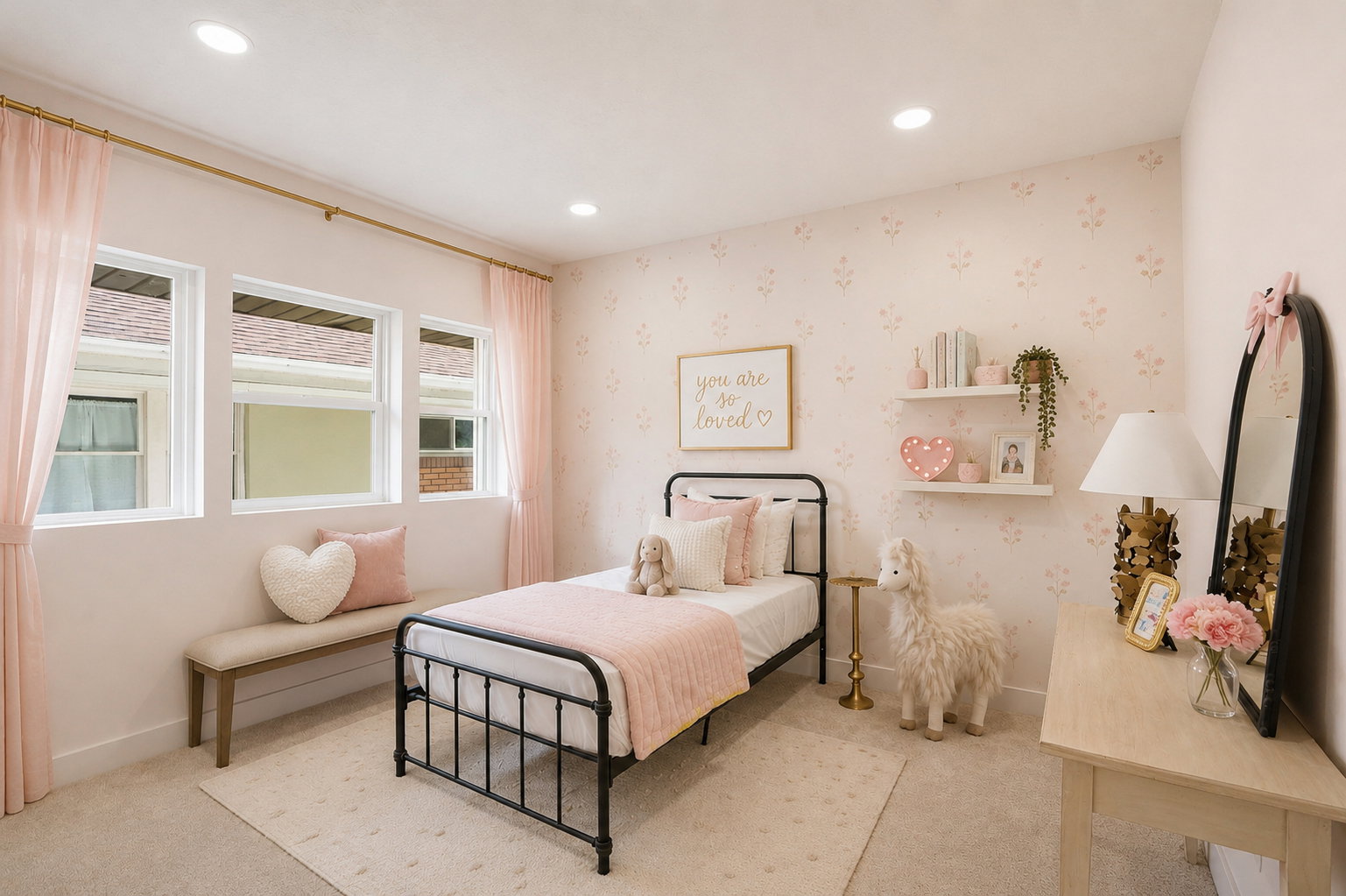 Interior room featuring three rectangular windows, recessed ceiling lighting, and light-toned wall finishes
