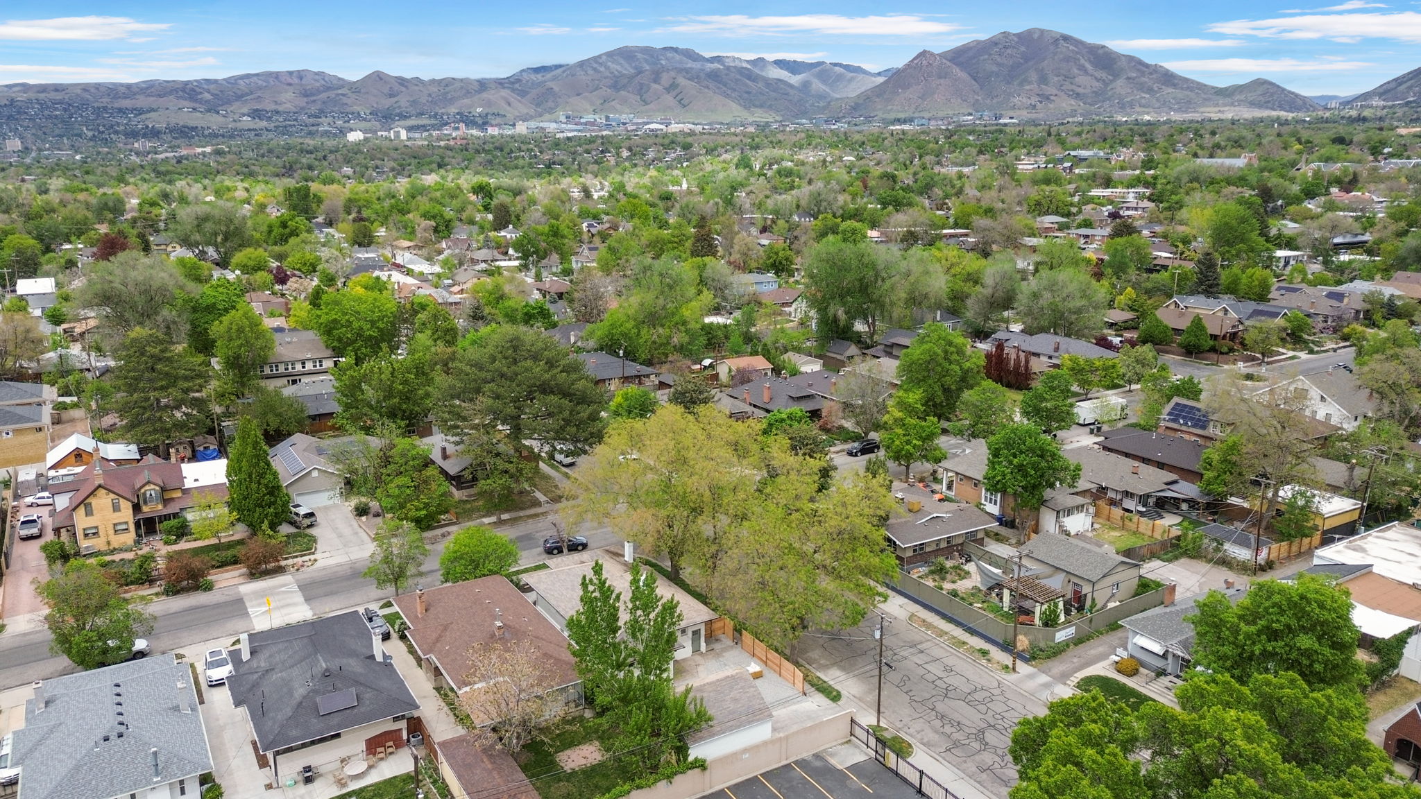 Aerial perspective of suburban area with mountains