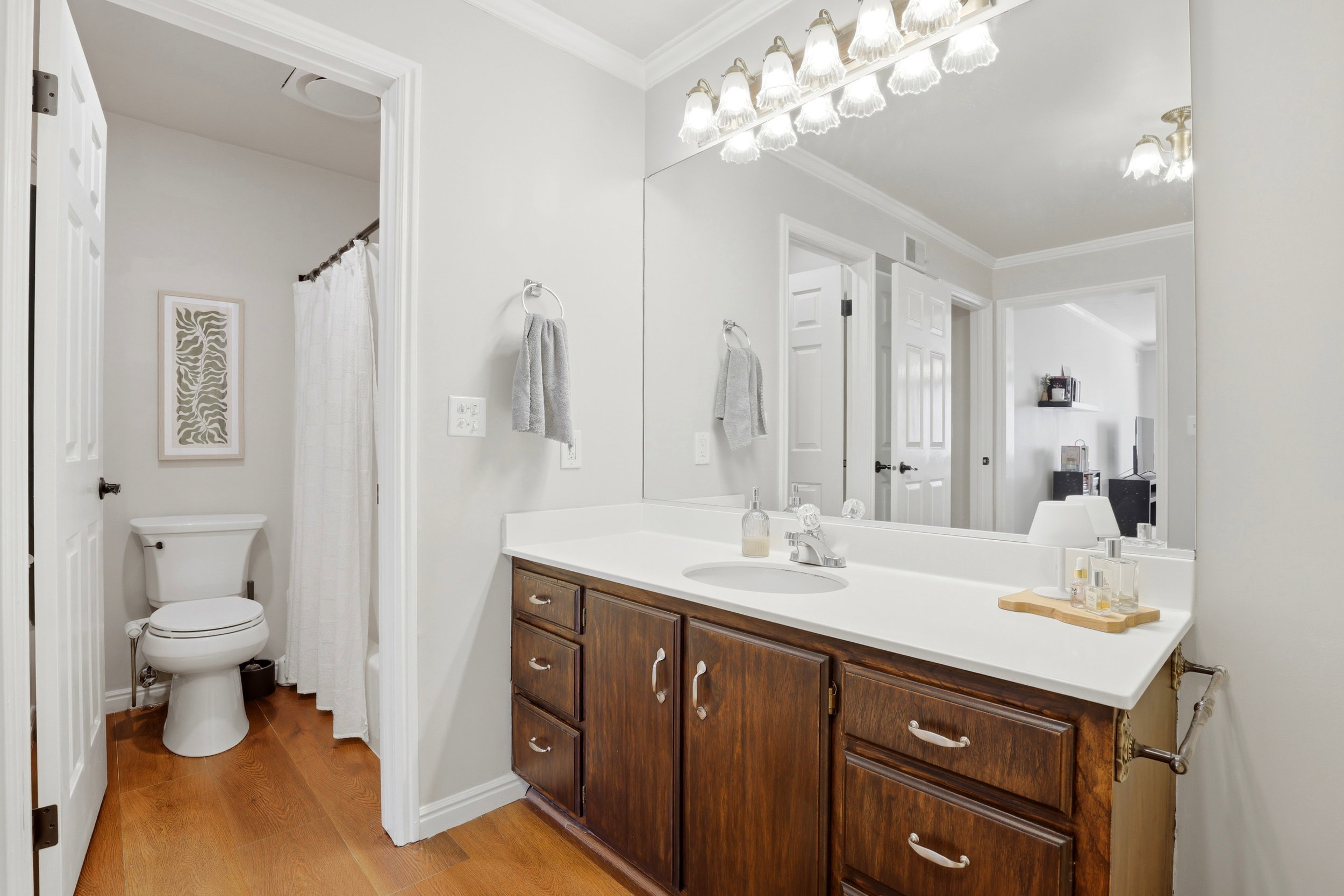 Full bathroom featuring vanity, ornamental molding, a shower with shower curtain, and light wood-style floors