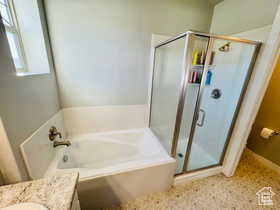 Primary Bathroom with vanity, a shower stall, and a bath