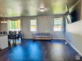 Living area with dark wood-style flooring and a textured ceiling