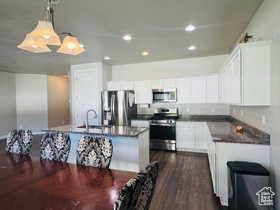 Kitchen with stainless steel appliances, decorative light fixtures, a center island with sink, white cabinetry, and dark wood-type flooring
